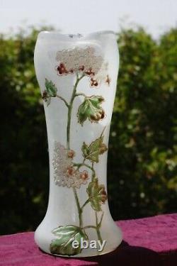 Vase verre soufflé émaillé et givré Art Nouveau d'époque, style Legras, fleurs